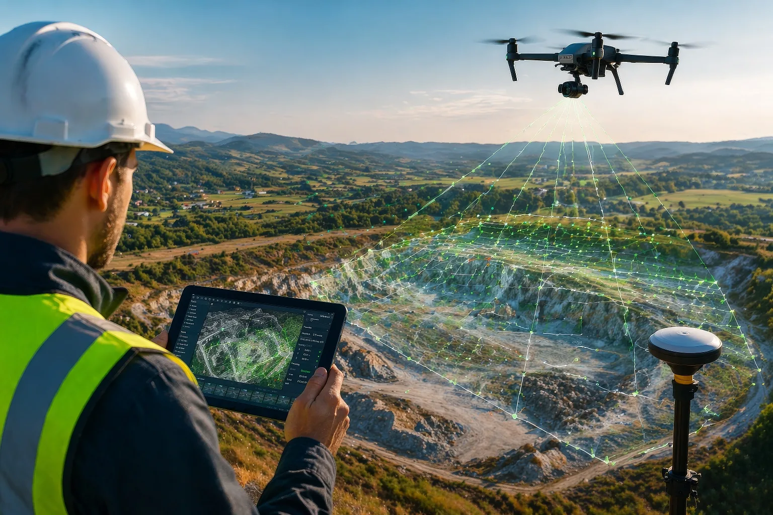 Aerial drone surveyor at work in a quarry