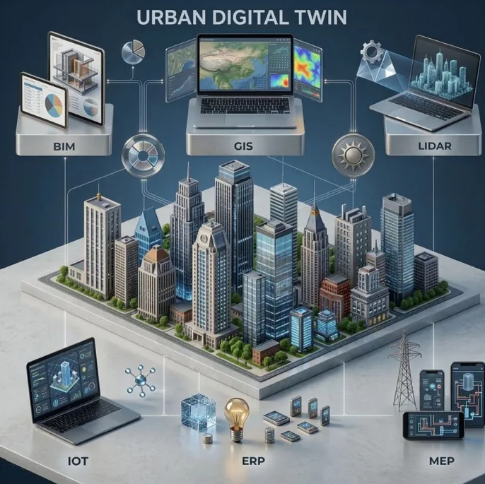 Urban Digital Twin — six data layers around an isometric city