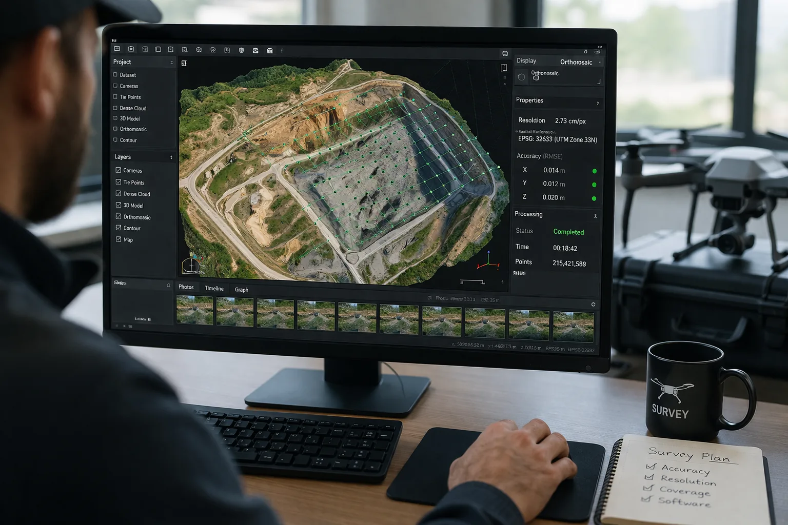 Surveying a site through drone software on a screen